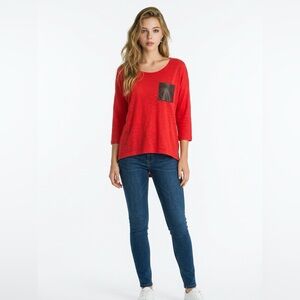 Almost Famous Red Textured Knit Top with Faux Leather Details | Size Large